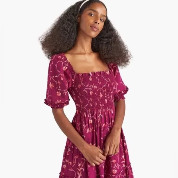 Hill House Home Midi Nesli Tiered Nap Dress in Burgundy Botanical Floral XS - Picture 9 of 12
